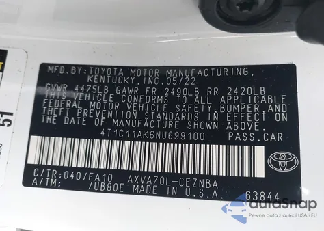 2022 Toyota Camry Le из США, поврежденный, VIN 4T1C11AK6NU699100